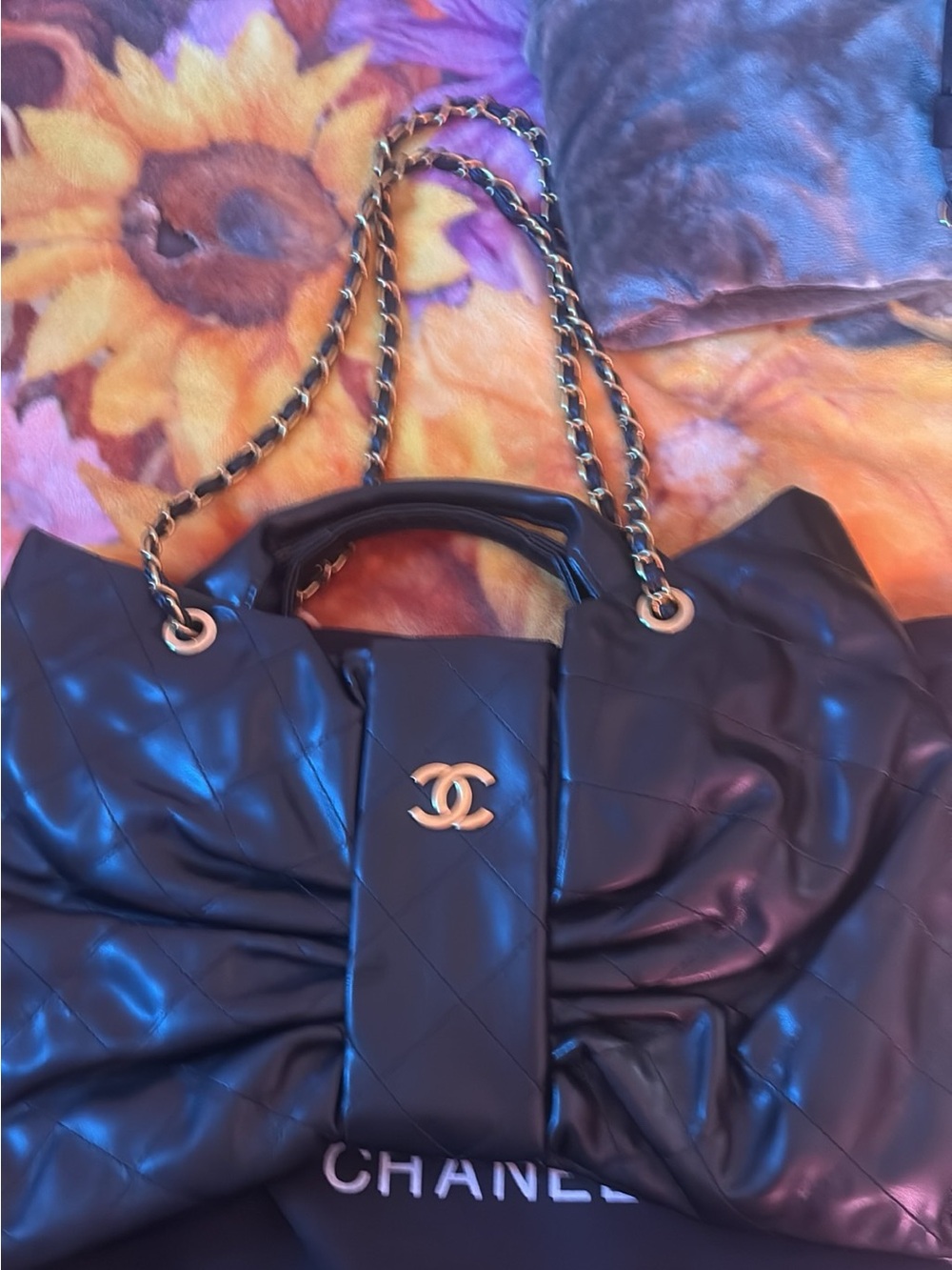 Black Quilted Leather Shoulder Bag with Chain Strap